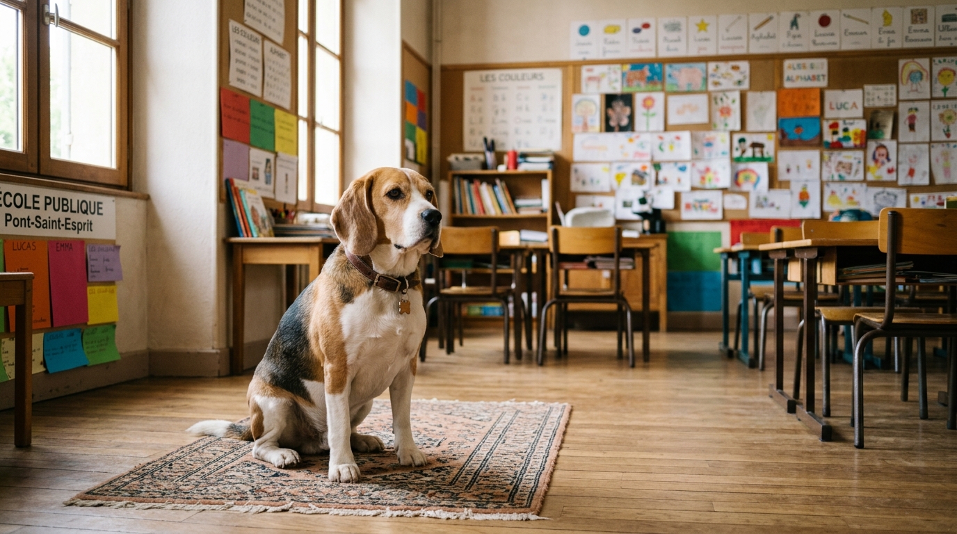 Un Beagle assis sereinement sur un tapis dans une classe d'école primaire