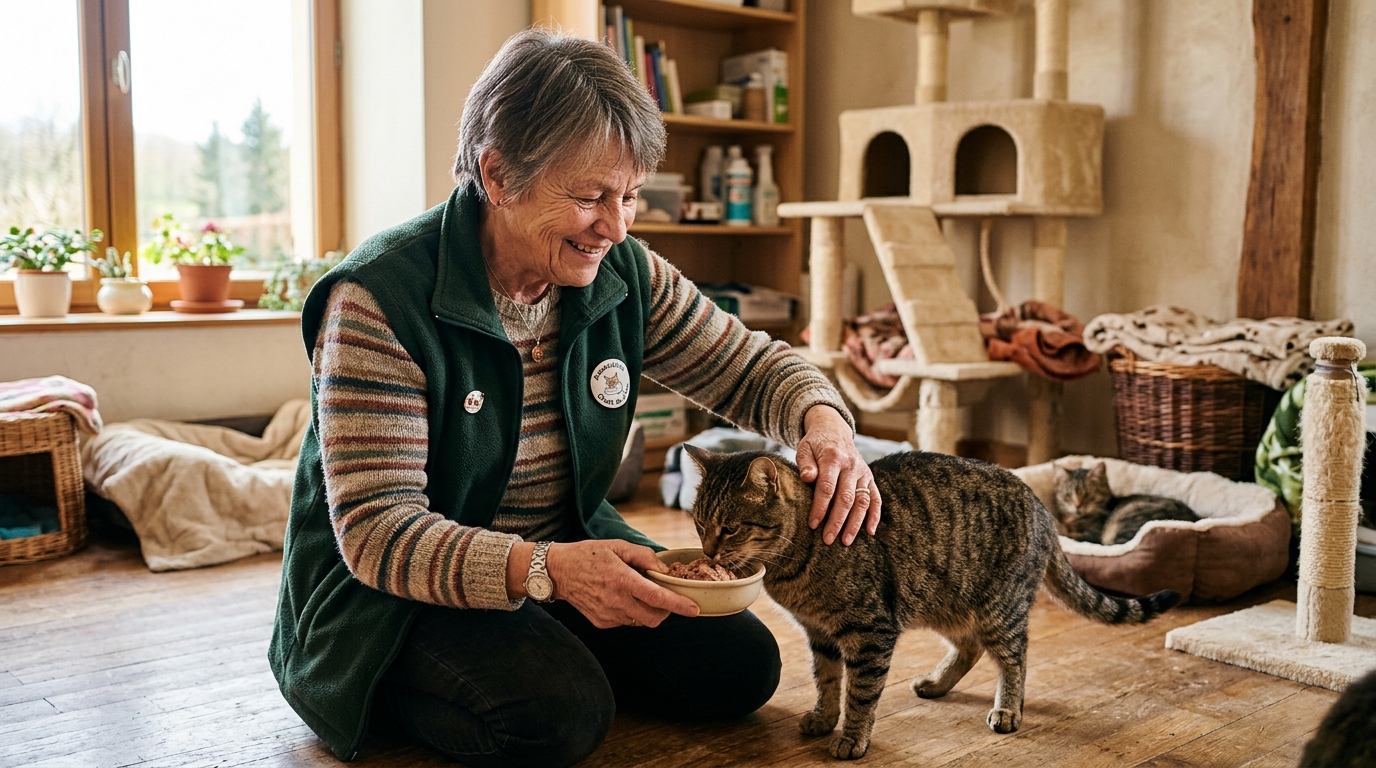 Une bénévole s'occupe d'un chat dans un refuge chaleureux du Cher