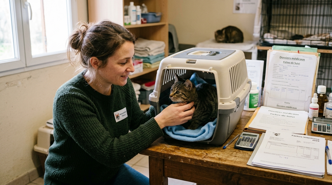 Une bénévolat apporte du réconfort à un petit chat recueilli par une association