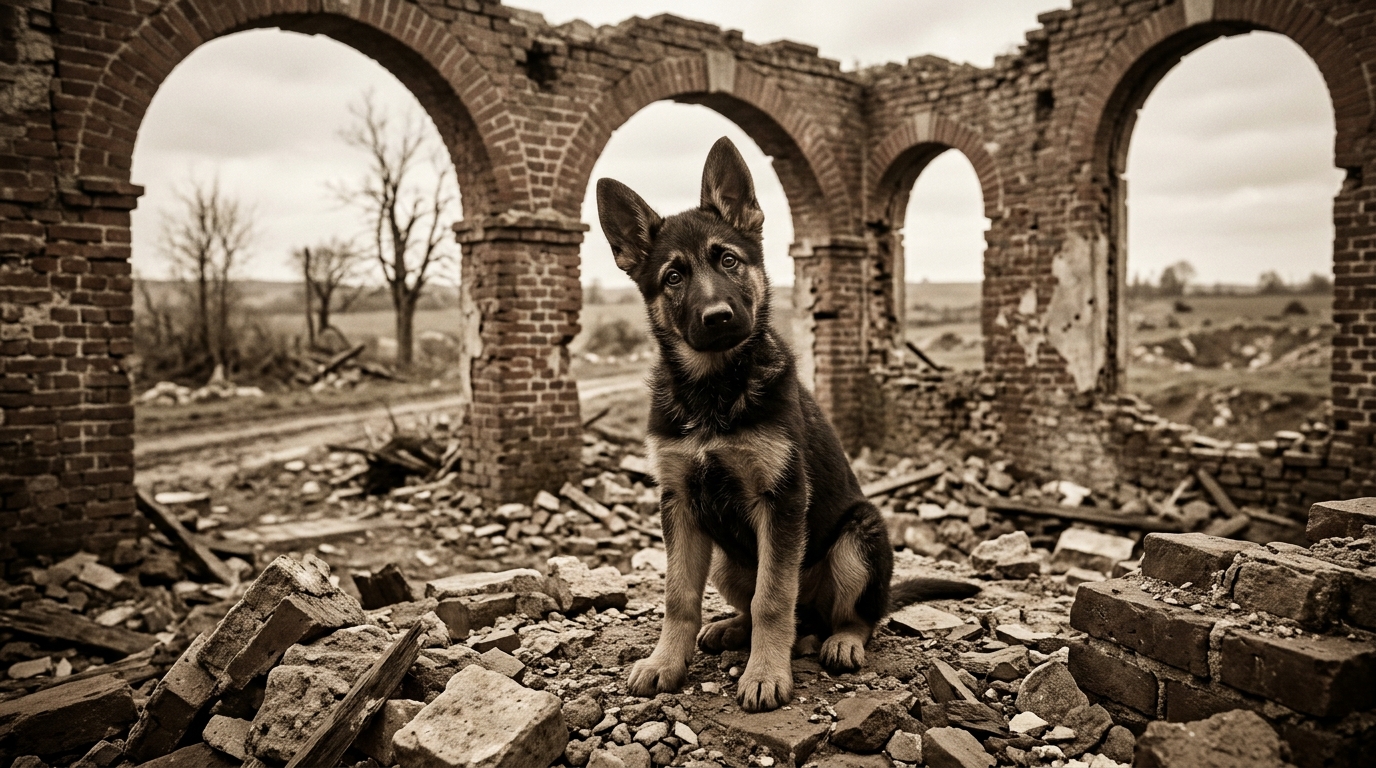 Un jeune berger allemand assis au milieu des décombres d'un bâtiment en 1918