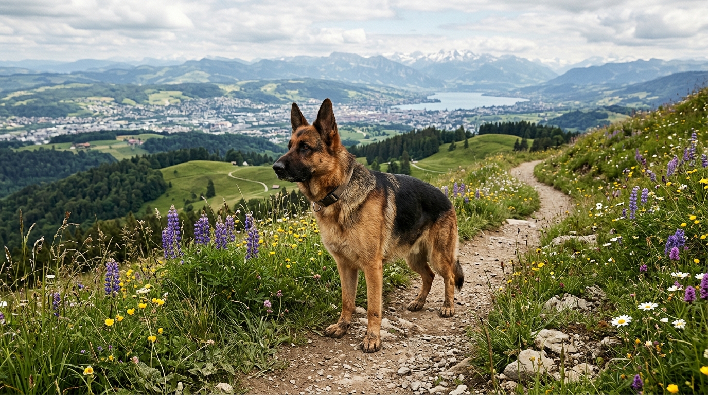 Un berger allemand se promène près d'un champ de fleurs à Zurich.