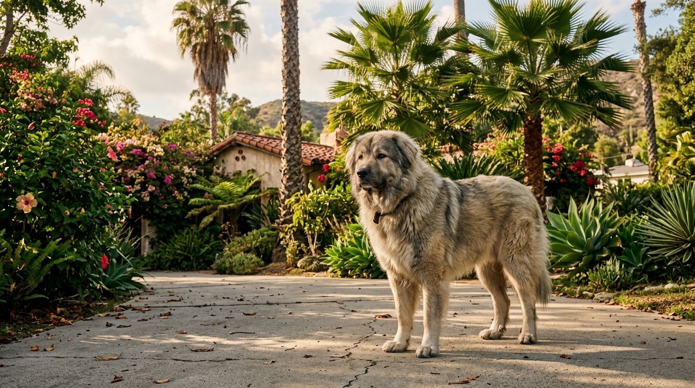 Un grand berger du Caucase se tient au bord d'une allée privée à Los Angeles.