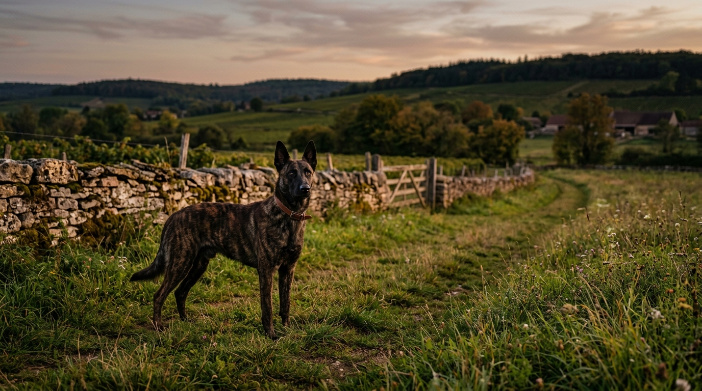 Un jeune berger hollandais se tient dans un champ en campagne bourguignonne.