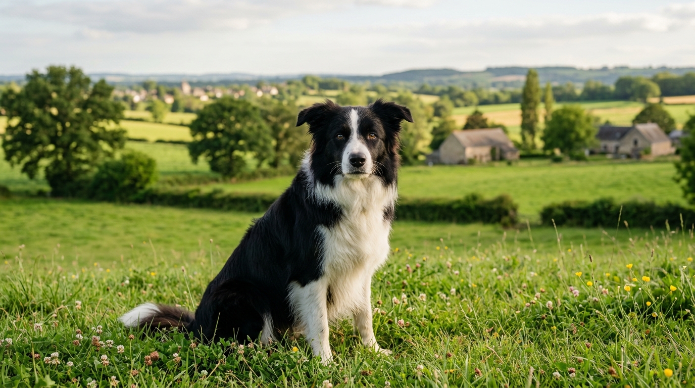 Un chien Border Collie attentif assis dans l'herbe d'un paysage de campagne française