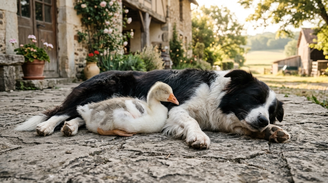 Un Border Collie couché sur une terrasse avec une jeune oie secourue blottie contre lui.