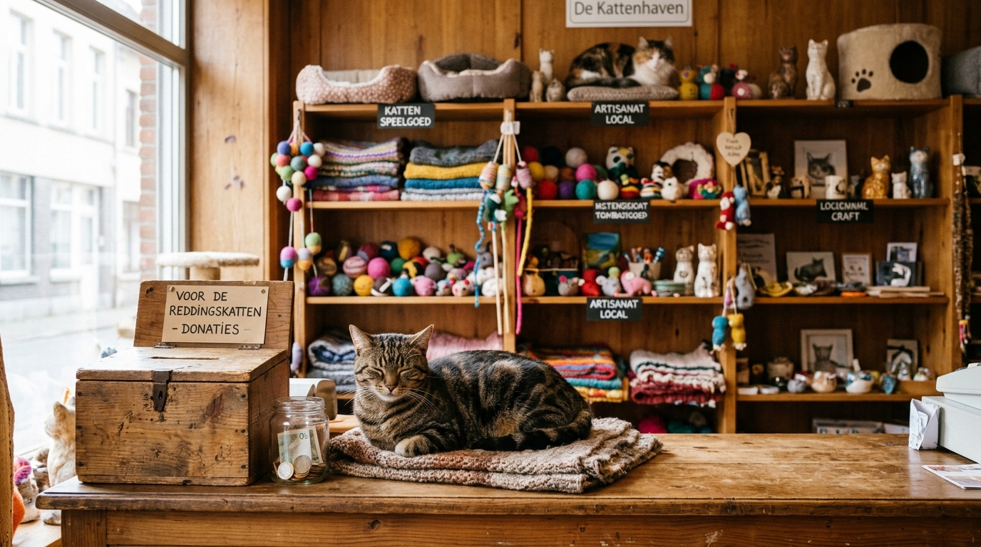 Un espace de vente solidaire chaleureux garni d'articles pour chats.
