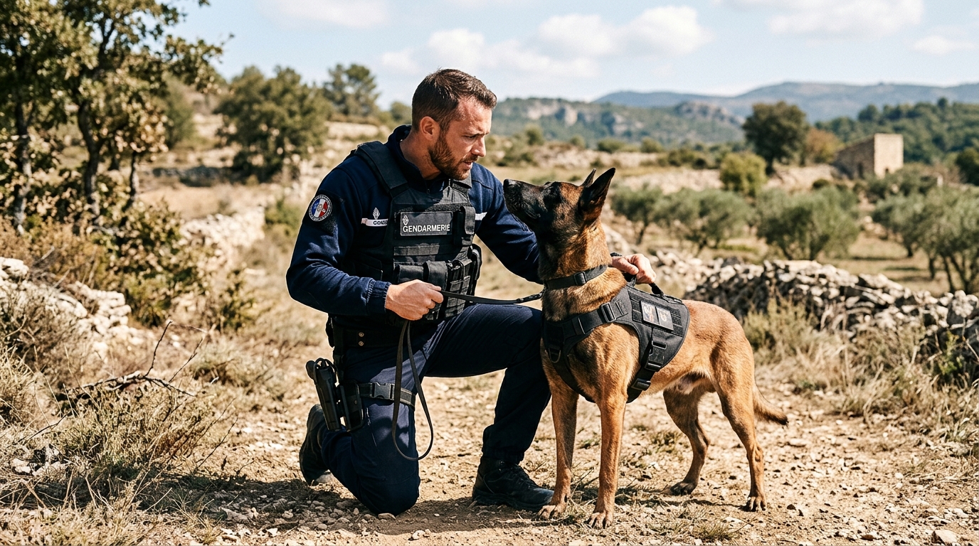 Un gendarme et son chien malinois en entraînement de détection