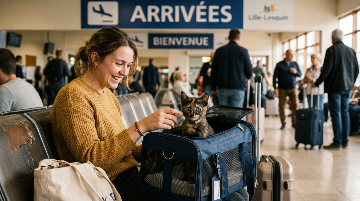 Un jeune chaton gris et blanc confortablement installé dans un sac de transport de voyageur.