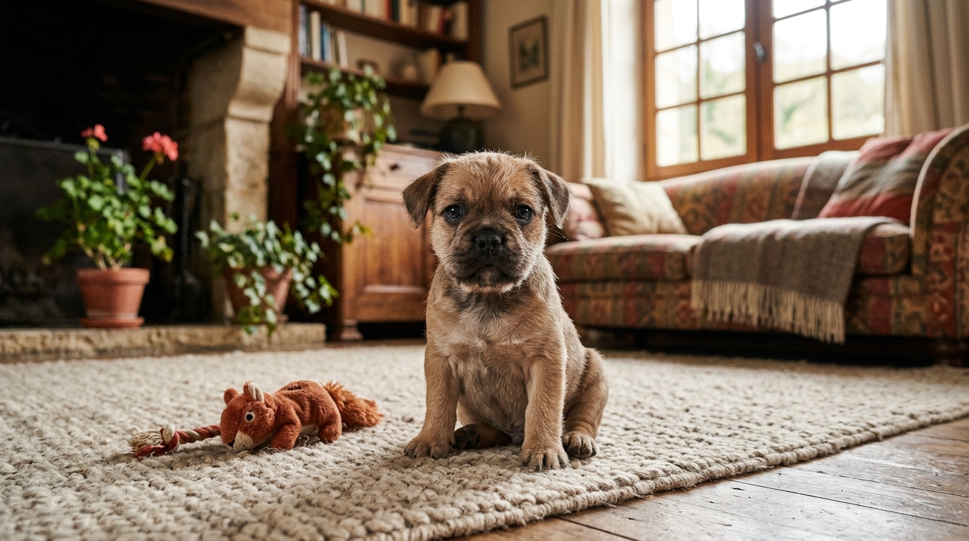 Un jeune chiot regarde attentivement dans une pièce de maison en France.