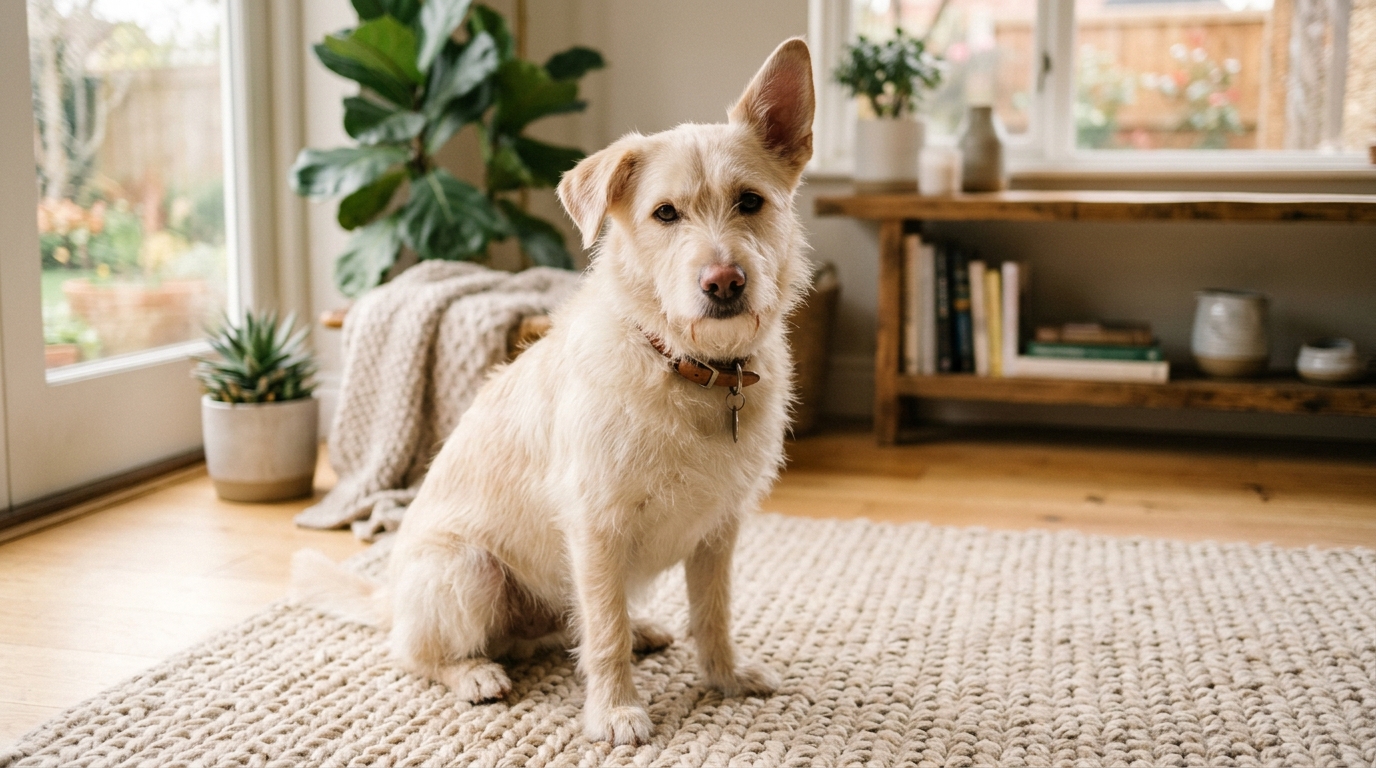 Une chienne crème aux oreilles singulières et à la truffe rose assise dans un salon.