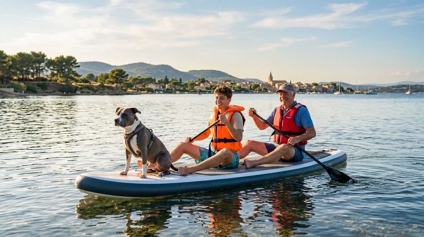 Un senior et un jeune sur une planche de paddle avec un chien Staff à Berre-l'Étang.