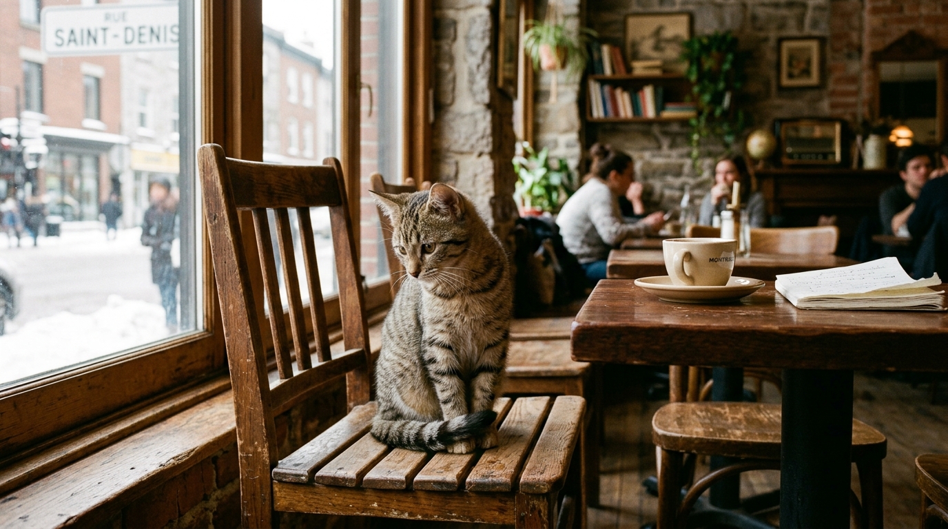 Un chat tigré assis seul sur une chaise dans un café à Montréal.
