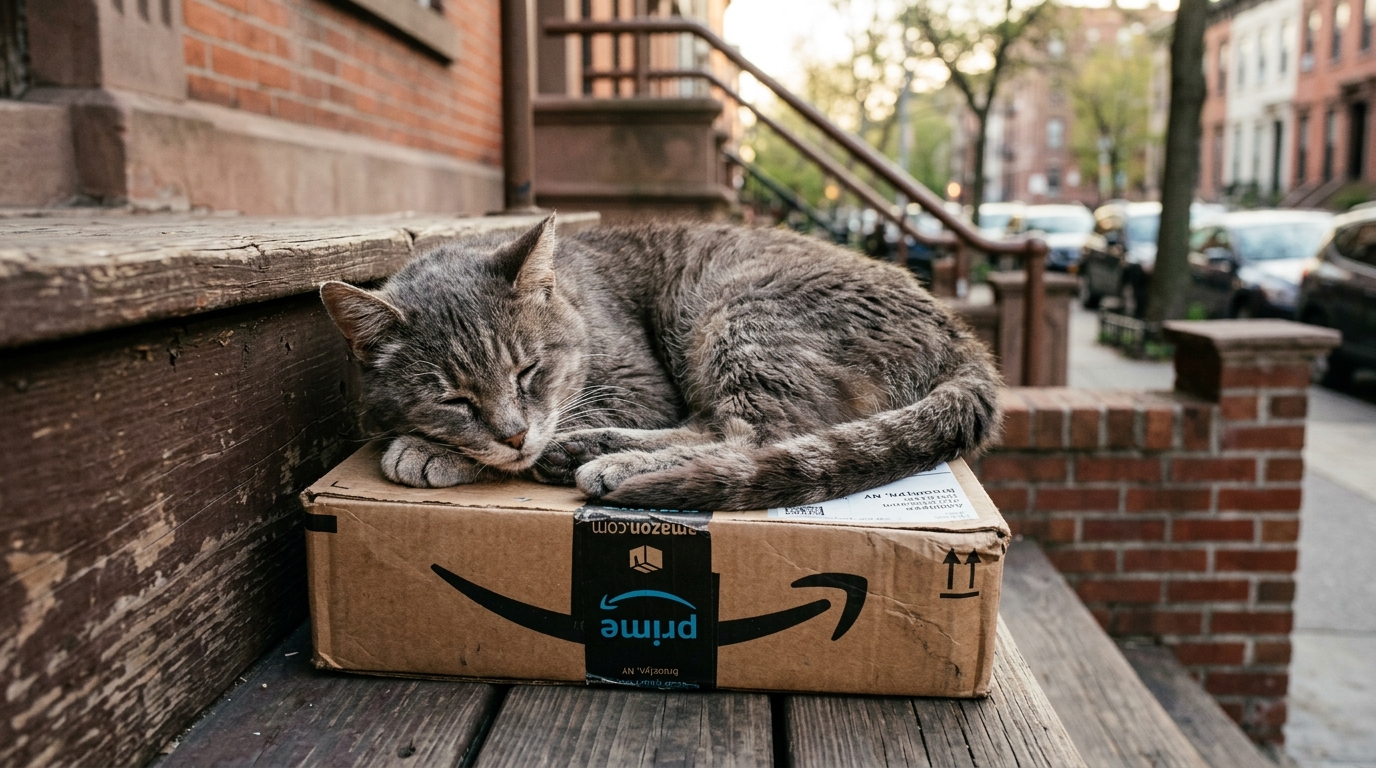 Un chat tigré gris âgé endormi sur un colis Amazon devant une maison