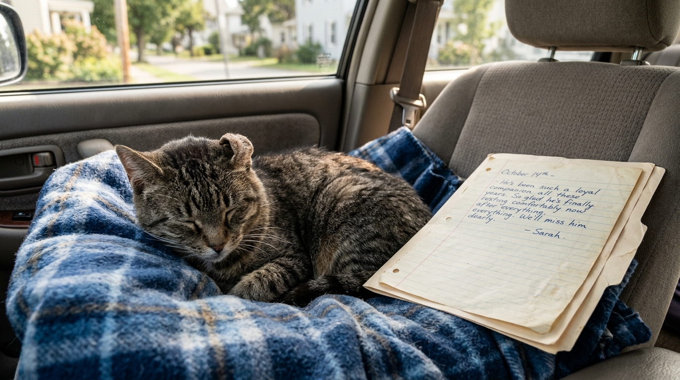 Un chat tigré âgé assis dans une voiture à côté d'une lettre manuscrite dans son dossier.