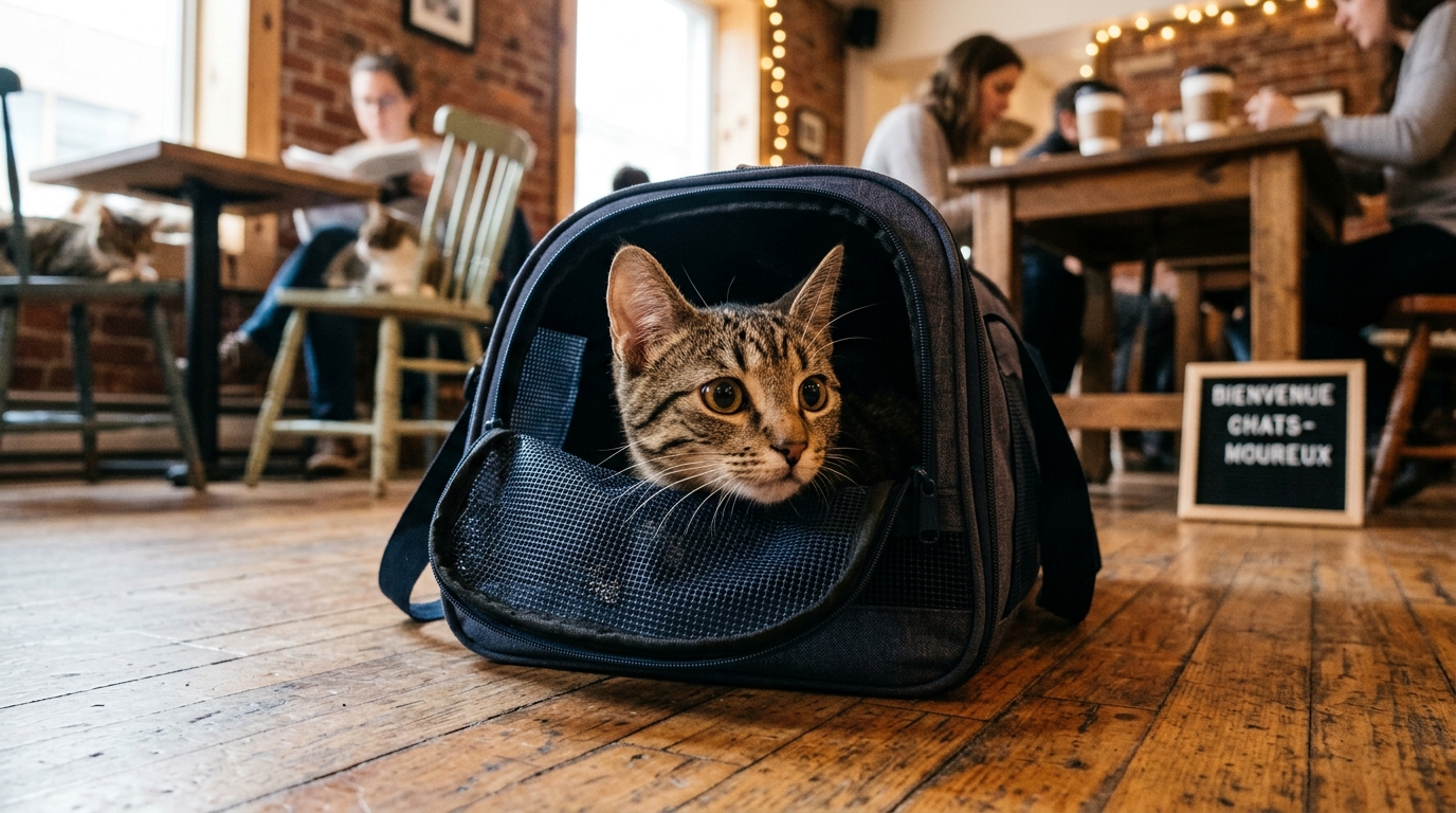 Un chat effrayé regarde depuis son sac de transport posé dans le coin d'un café