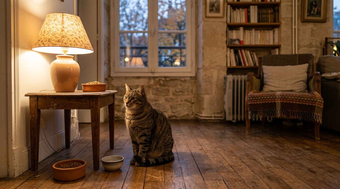 Un chat assis près d'une fenêtre éclairée dans un salon chaleureux en soirée
