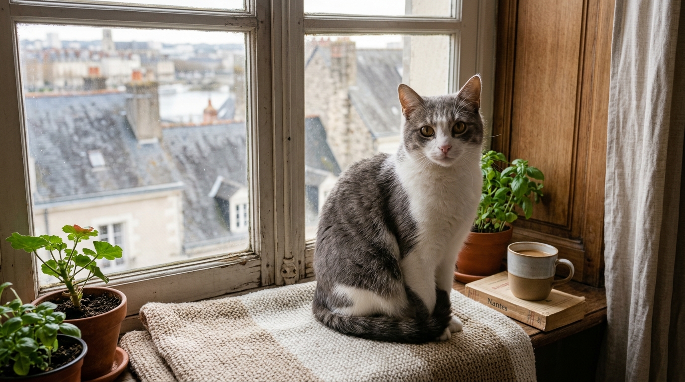 Un jeune chat gris et blanc posé calmement près d'une fenêtre ensoleillée