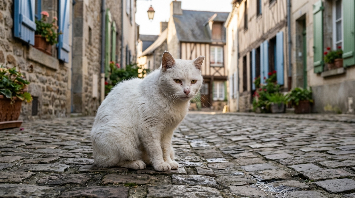 Un chat blanc âgé assis au bord d'une rue paisible dans une petite ville normande.