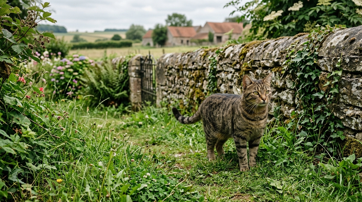 Un chat domestique tigré se tenant dans un jardin du Pas-de-Calais
