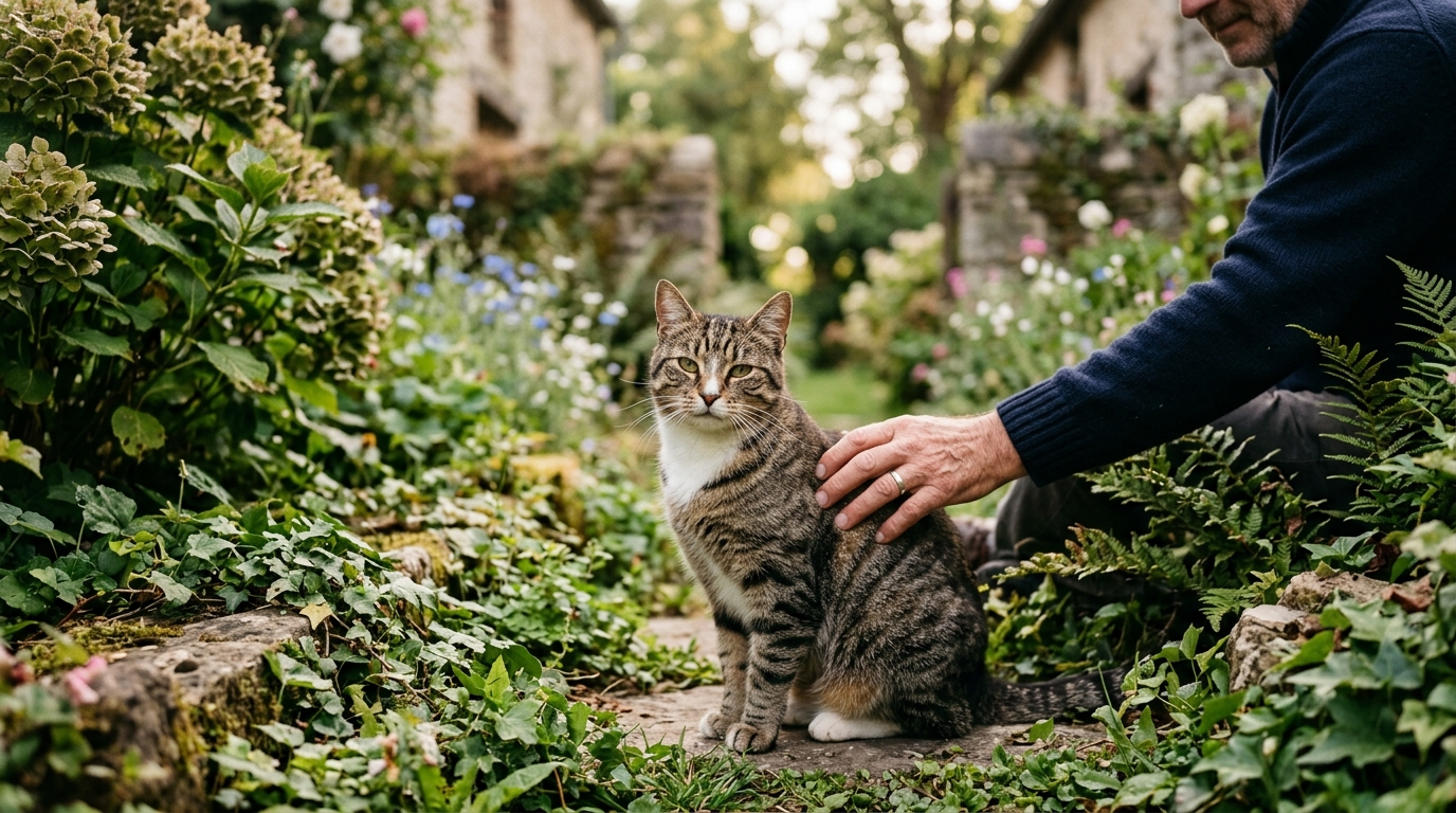 Un chat tabby assis paisiblement dans un jardin en France, sous le regard inquiet de son maître.