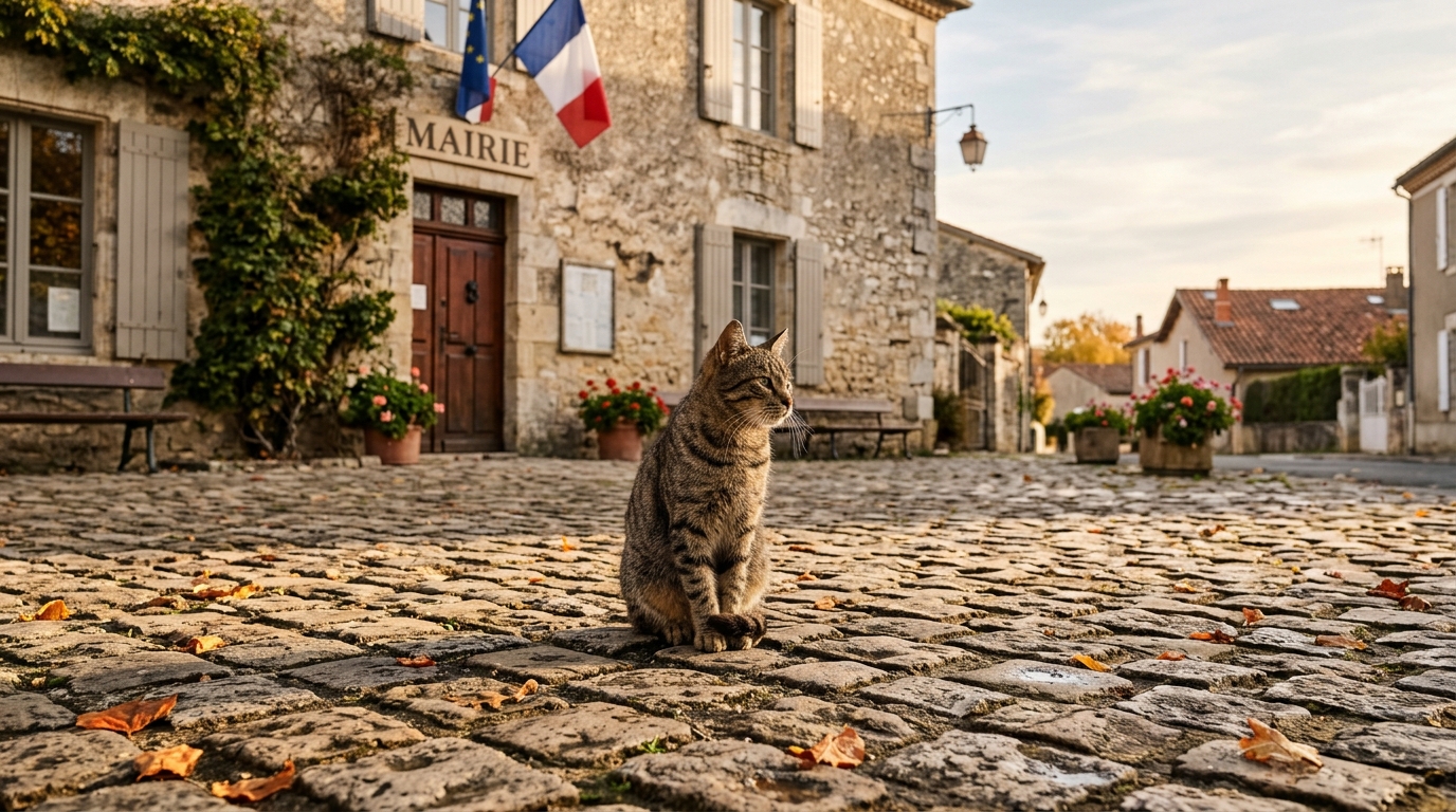 Un chat tabby assis tristement devant le parvis d'une mairie en France.