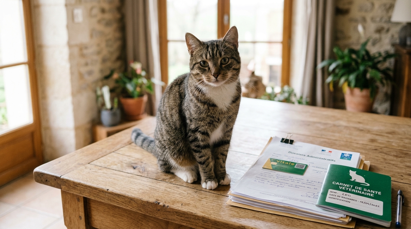Un chat tabby assis calmement à côté de documents juridiques en France