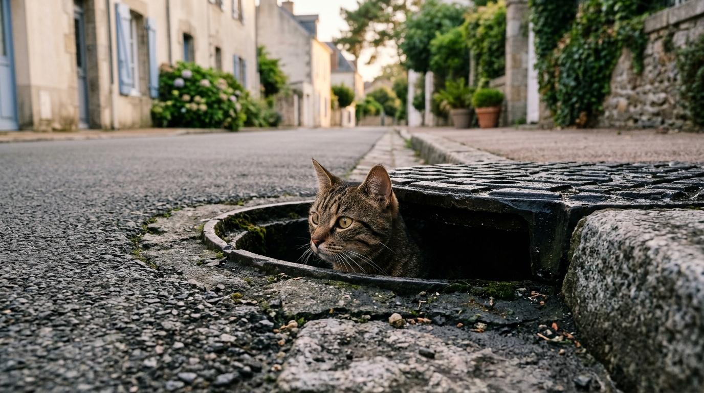 Un chat regardant depuis une bouche d'évacuation d'eaux pluviales dans une rue.