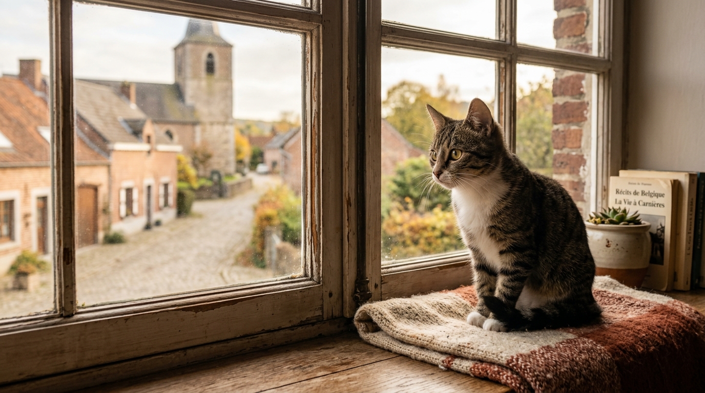 Un petit chat domestique assis près d'une fenêtre à Carnières.