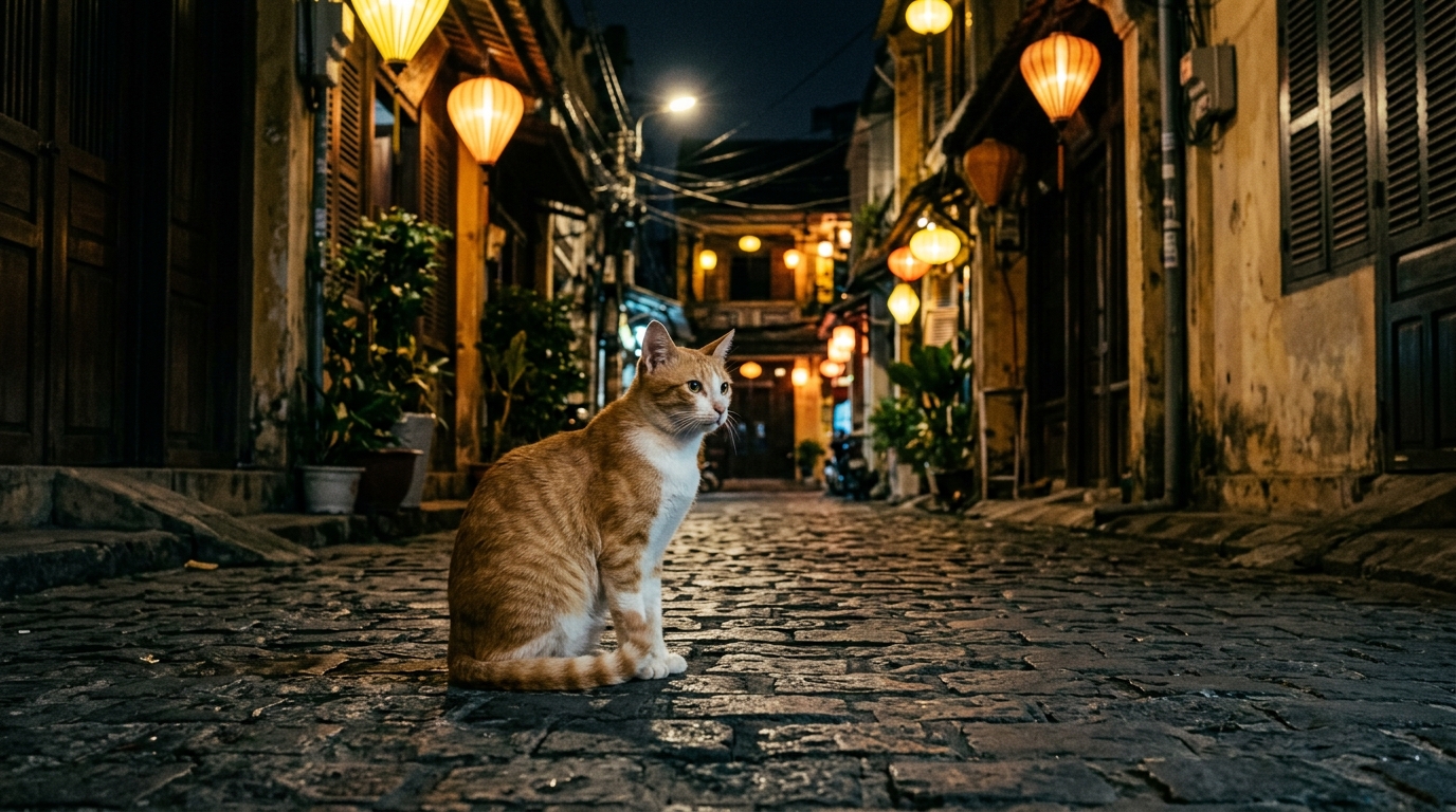 Un chat domestique assis sous un réverbère nocturne dans une rue résidentielle au Vietnam.