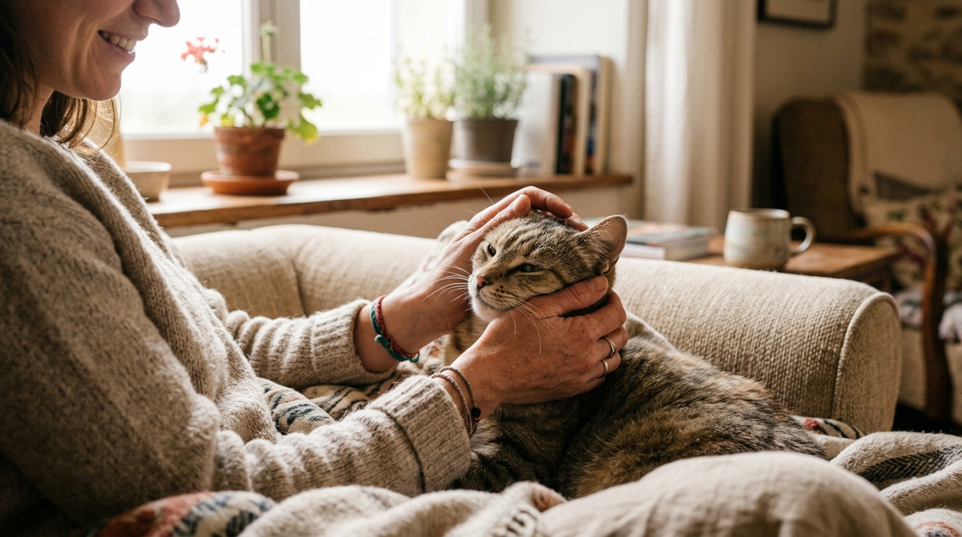 Un chat tigré affectueux blotti chaleureusement contre sa bienfaitrice dans un salon.