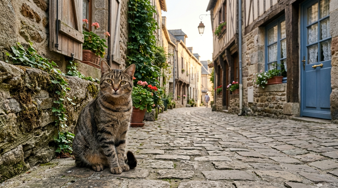 Un chat assis tranquillement dans une ruelle pavée en Normandie