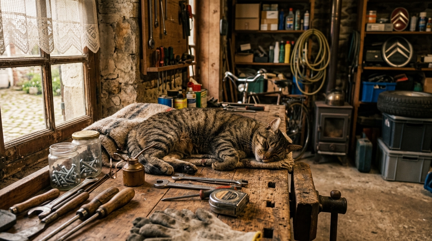 Un chat tigré assis tranquillement près d'une fenêtre dans un garage en France