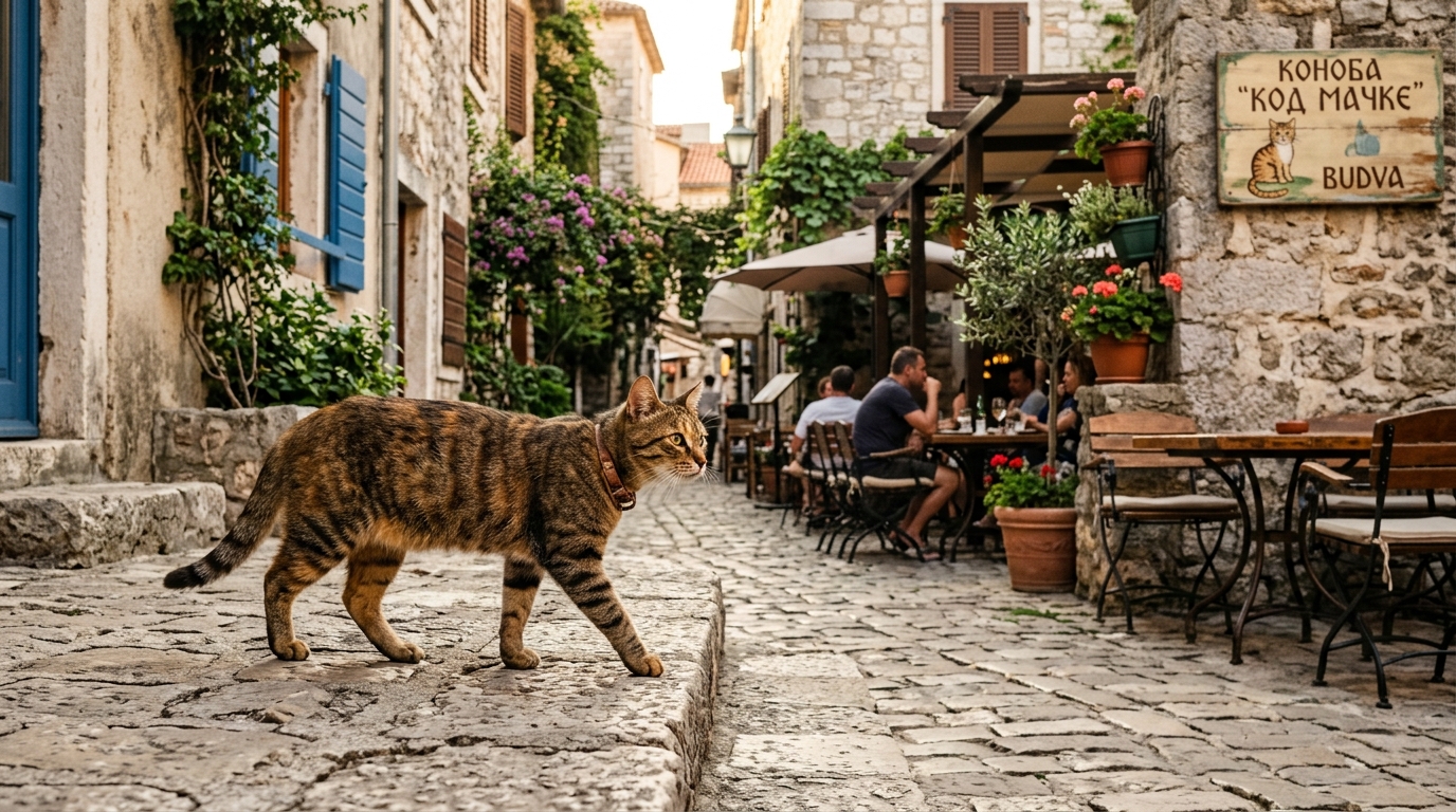 Un chat assis dans une ruelle médiévale en pierre au Monténégro