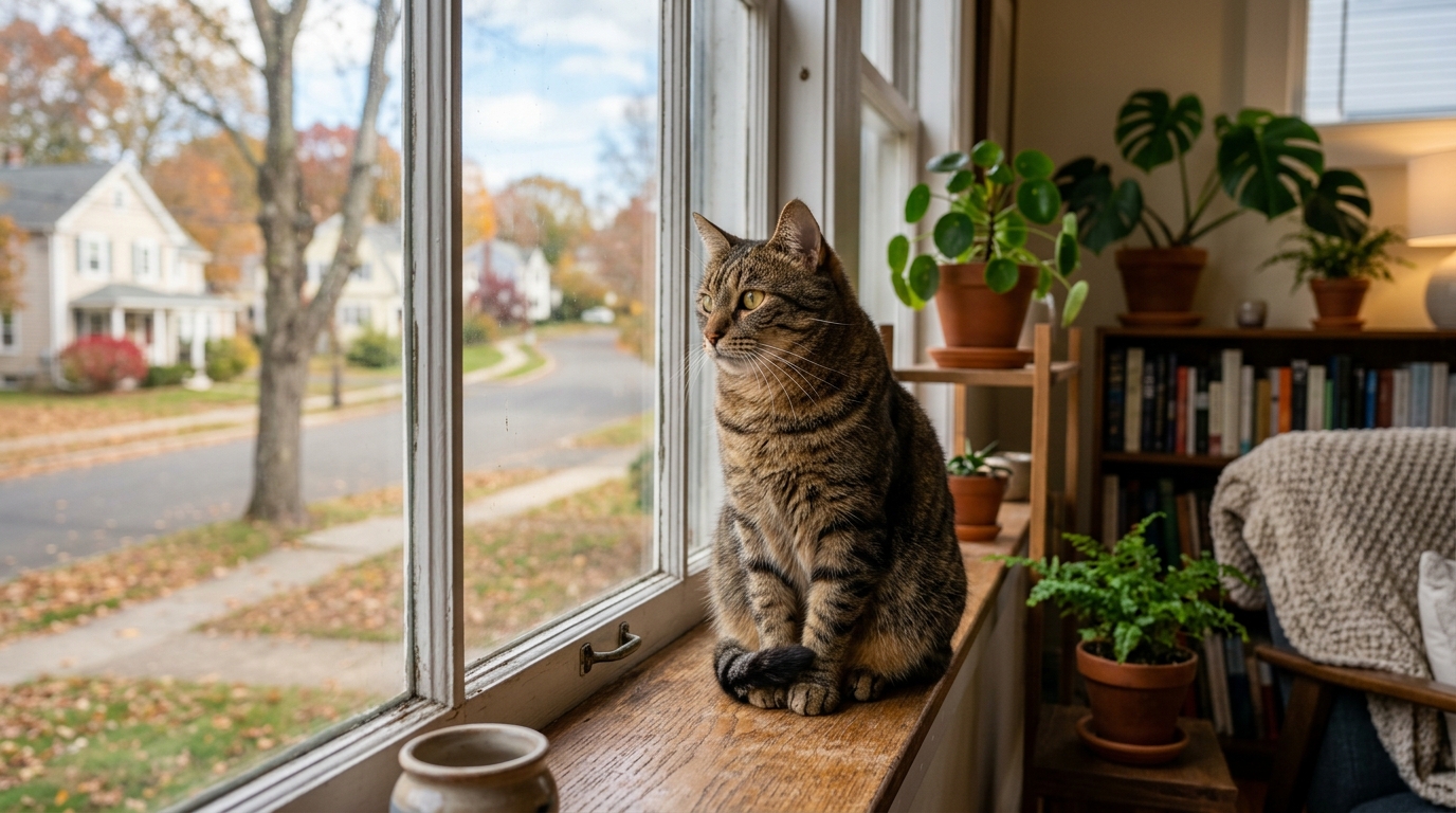 Un chat tigré regarde paisiblement par la fenêtre d'un salon lumineux