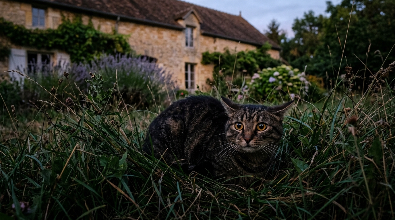 Un chat tigré tapi dans l'herbe d'un jardin près de Dijon