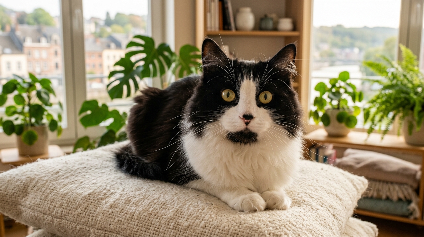 Un chat noir et blanc aux yeux curieux assis sereinement dans un salon à Namur