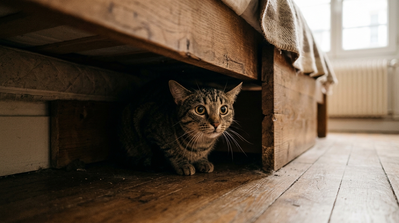 Un chat tigré apeuré caché sous un lit dans une chambre d'appartement