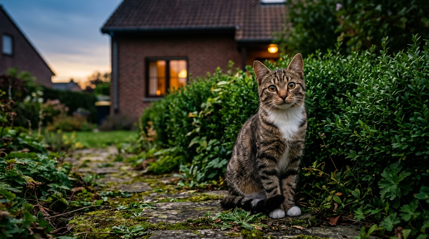 Un jeune chat tigré attentif posé près d'une haie dans un jardin.