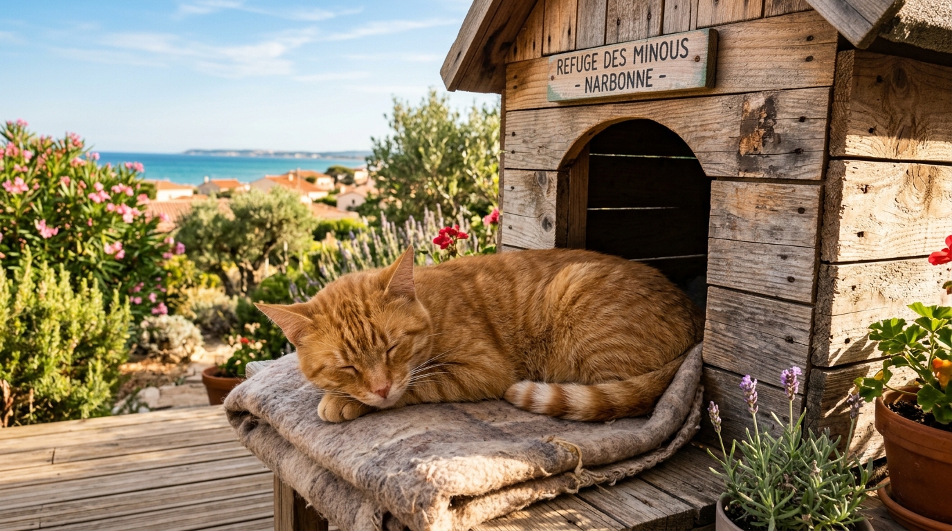 Un chat roux assis près d'un abri en bois de récupération dans un cadre méditerranéen.