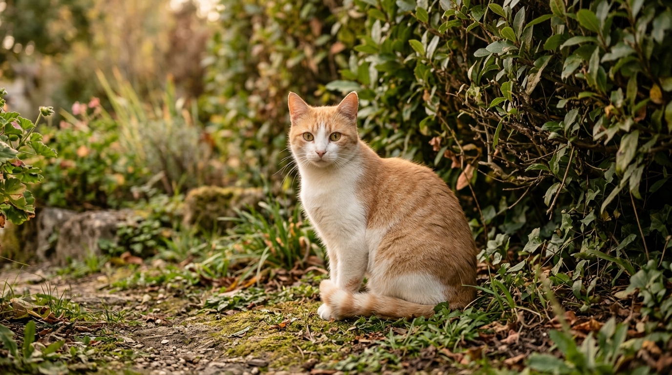 Un chat roux et blanc dans un jardin paisible en Charente-Maritime
