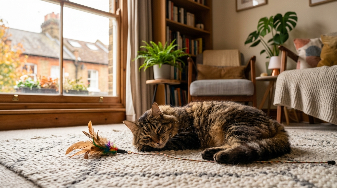 Un chat tigré se détendant confortablement dans un salon londonien chaleureux.