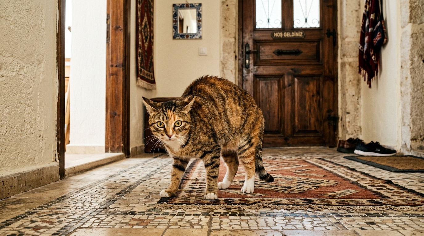 Un chat tigré déterminé se tient courageusement devant une porte d'entrée.