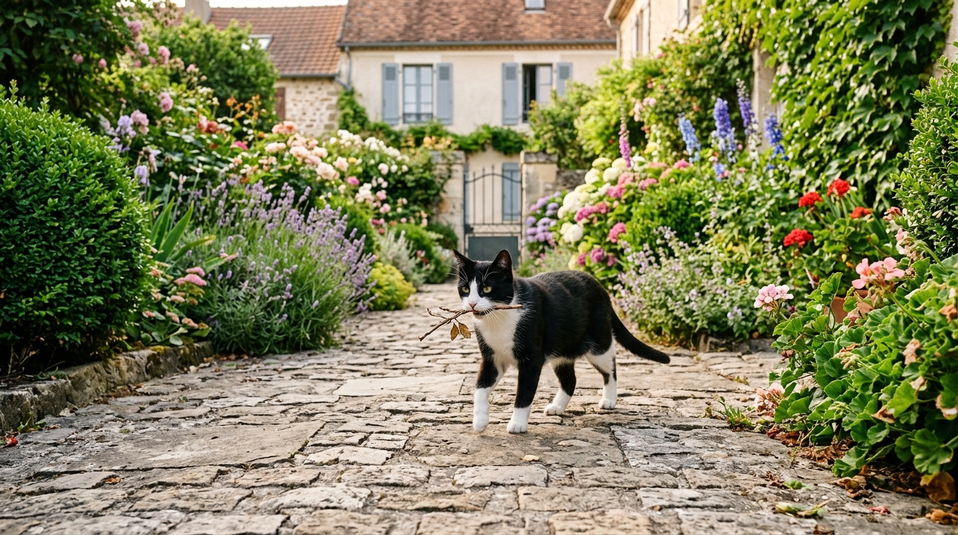 Un chat noir et blanc marche dans l'allée pavée d'un jardin résidentiel en France