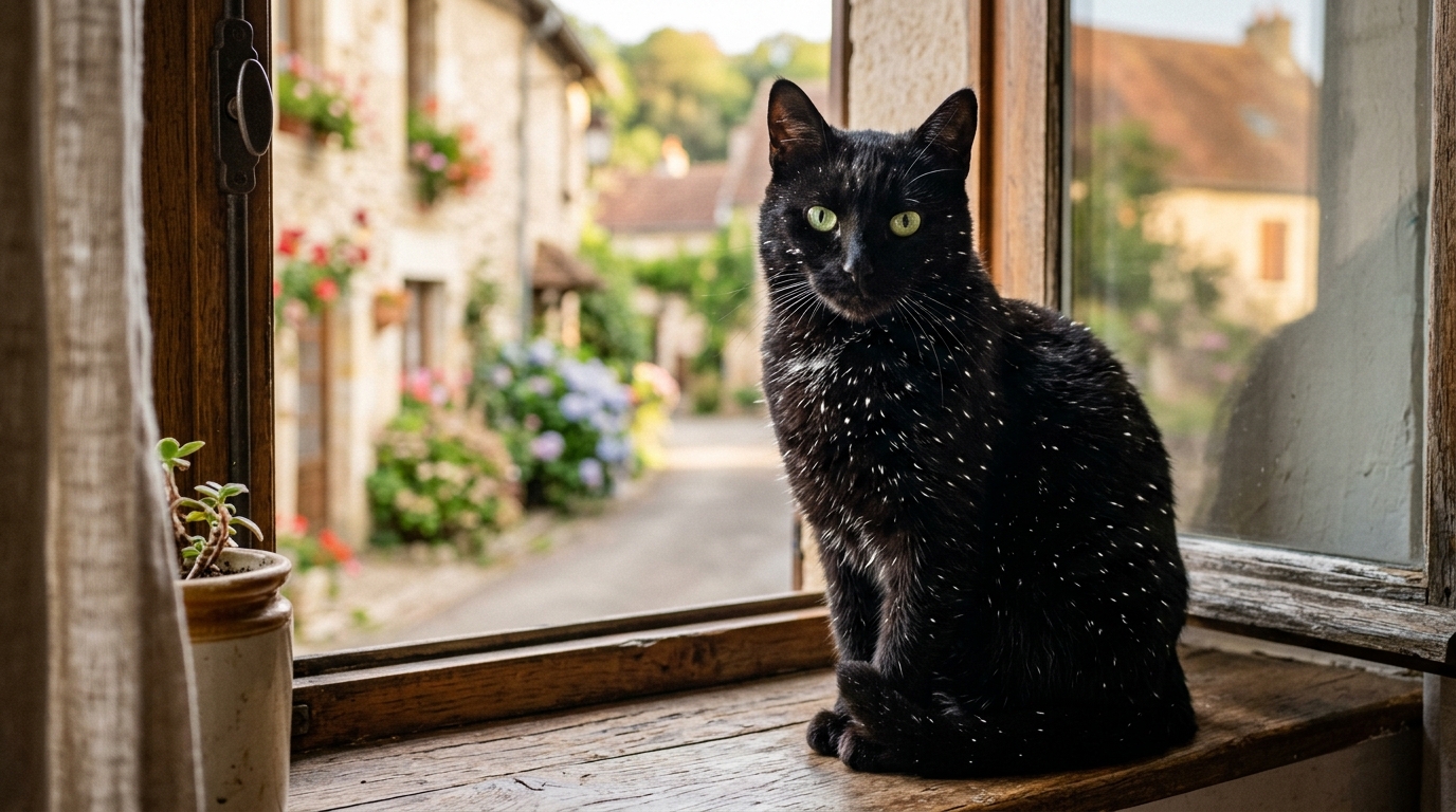 Un chat noir assis dont le pelage présente de nombreuses petites taches blanches.