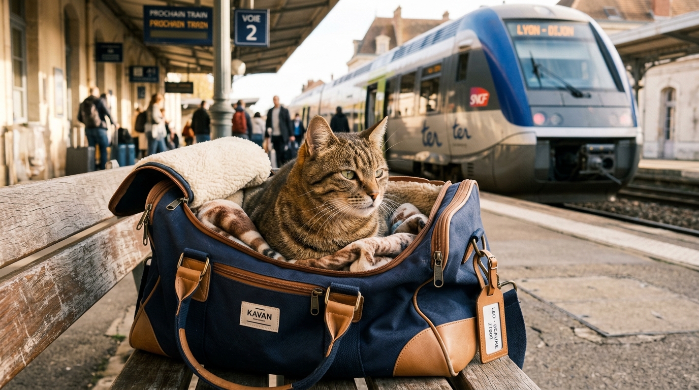 Un chat tigré assis sagement dans un sac de transport sur un quai de gare