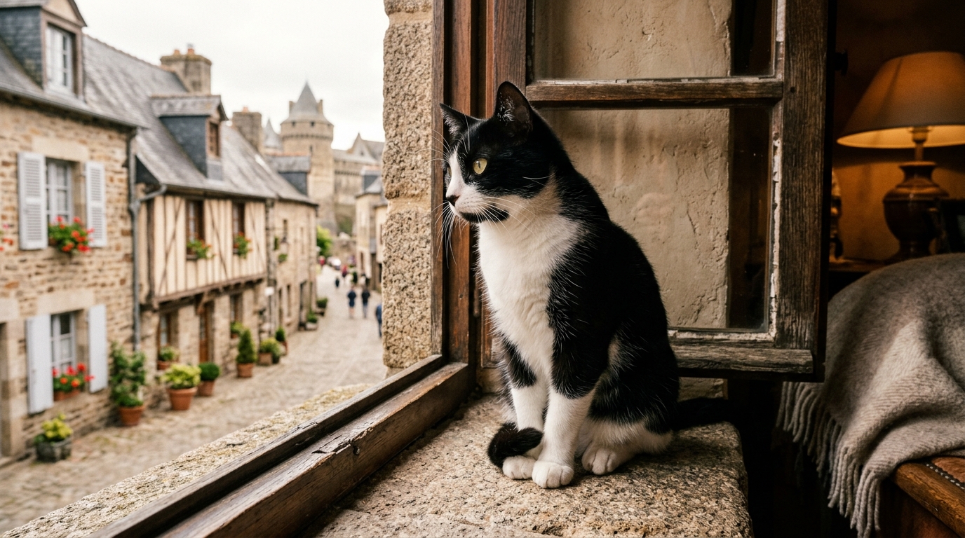 Un chat domestique observant la rue depuis le rebord d'une fenêtre à Fougères