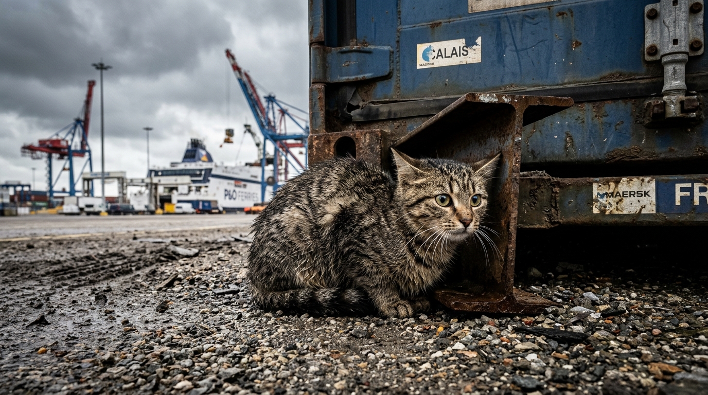Un chat tigré apeuré caché près des conteneurs au port de Calais