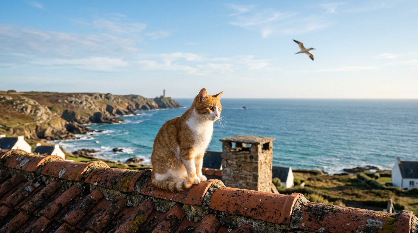 Un petit chat apeuré regardant le ciel sur un toit en bord de mer