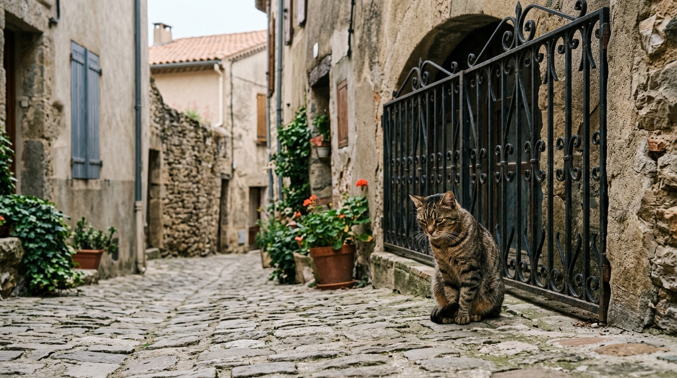 Un chat européen assis près d'une grille dans une rue calme d'un village français