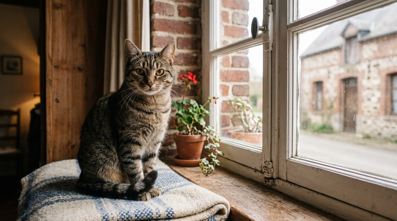 Un chat tigré regarde calmement par la fenêtre d'une maison du Nord de la France